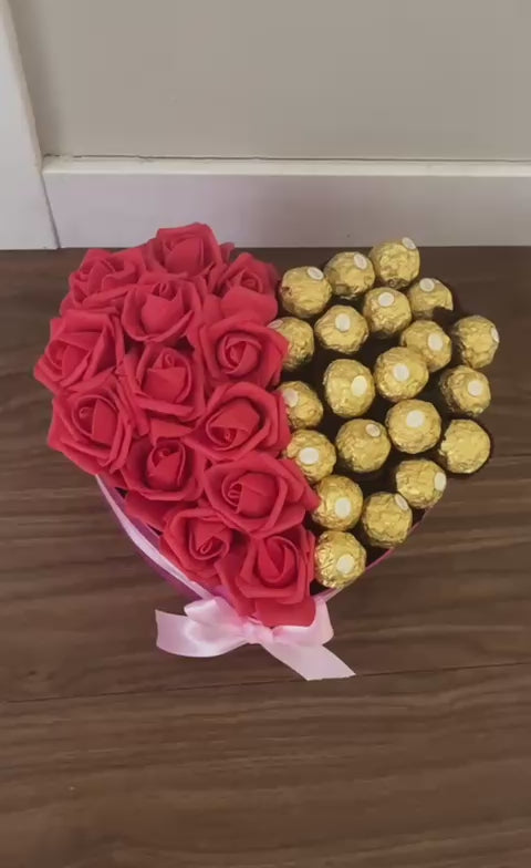 Large Valentine’s Day Chocolate Heart Box – Red Roses & Ferrero Rocher Chocolates