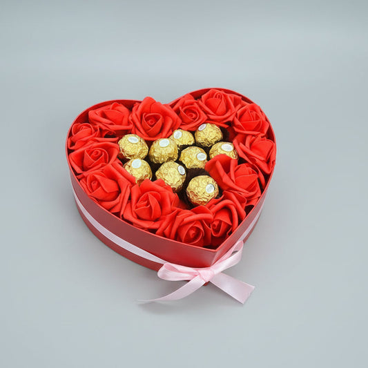 Romantic Chocolate Heart Box for Her – Red Roses & Ferrero Rocher Chocolates
